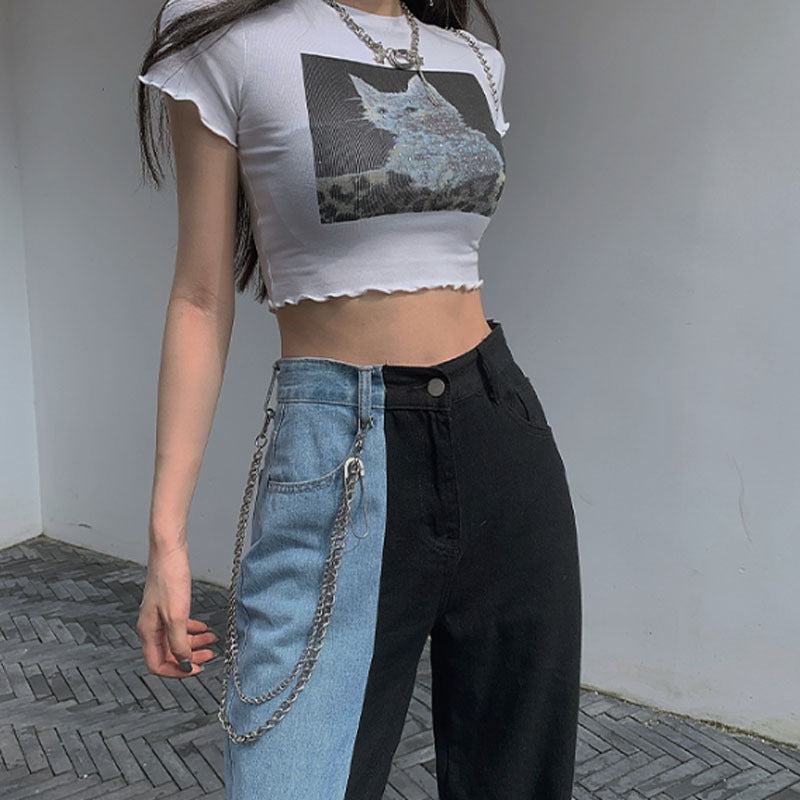 Black and blue color block high-rise split jeans