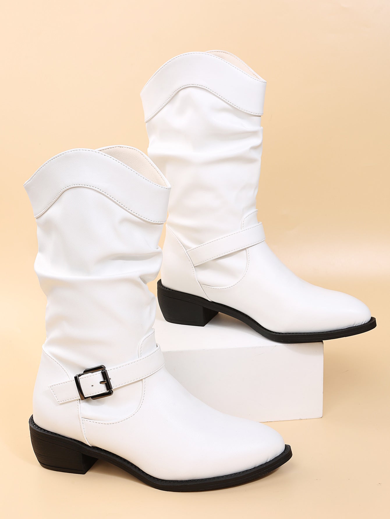 Large Size Pleated Belt Buckle Thick Heel Mid-tube Round Toe Rider Boots Women's
