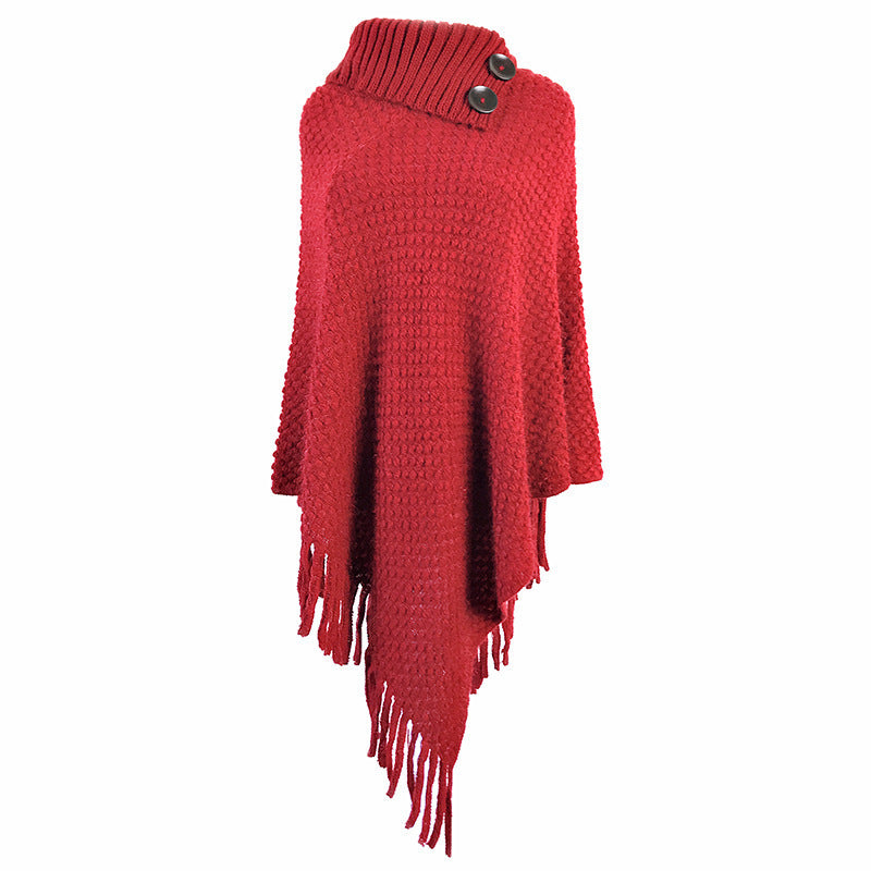 Buttoned half-open collar tassel cape shawl