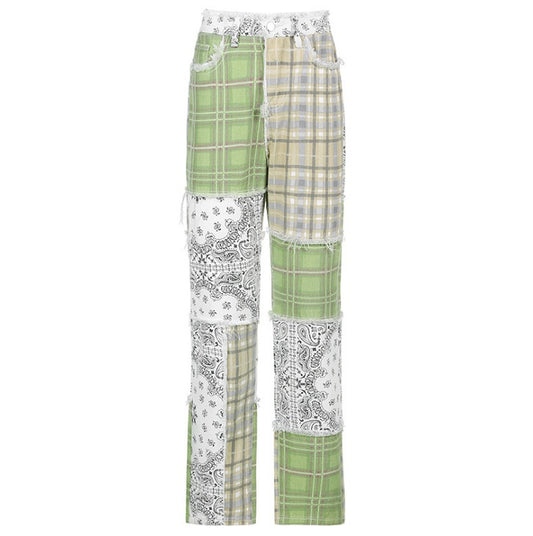 Printed Raw Edge Stitching Slimming Plaid Casual Jeans