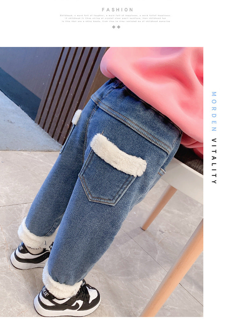 Small And Medium-sized Children's Velvet Thickened Jeans