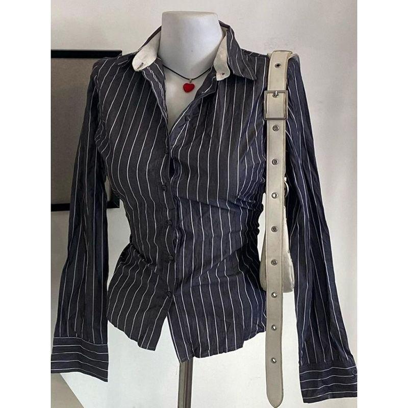 Ins-style Chic Commuter-striped Button-up Long-sleeve Shirt T-shirt For Women