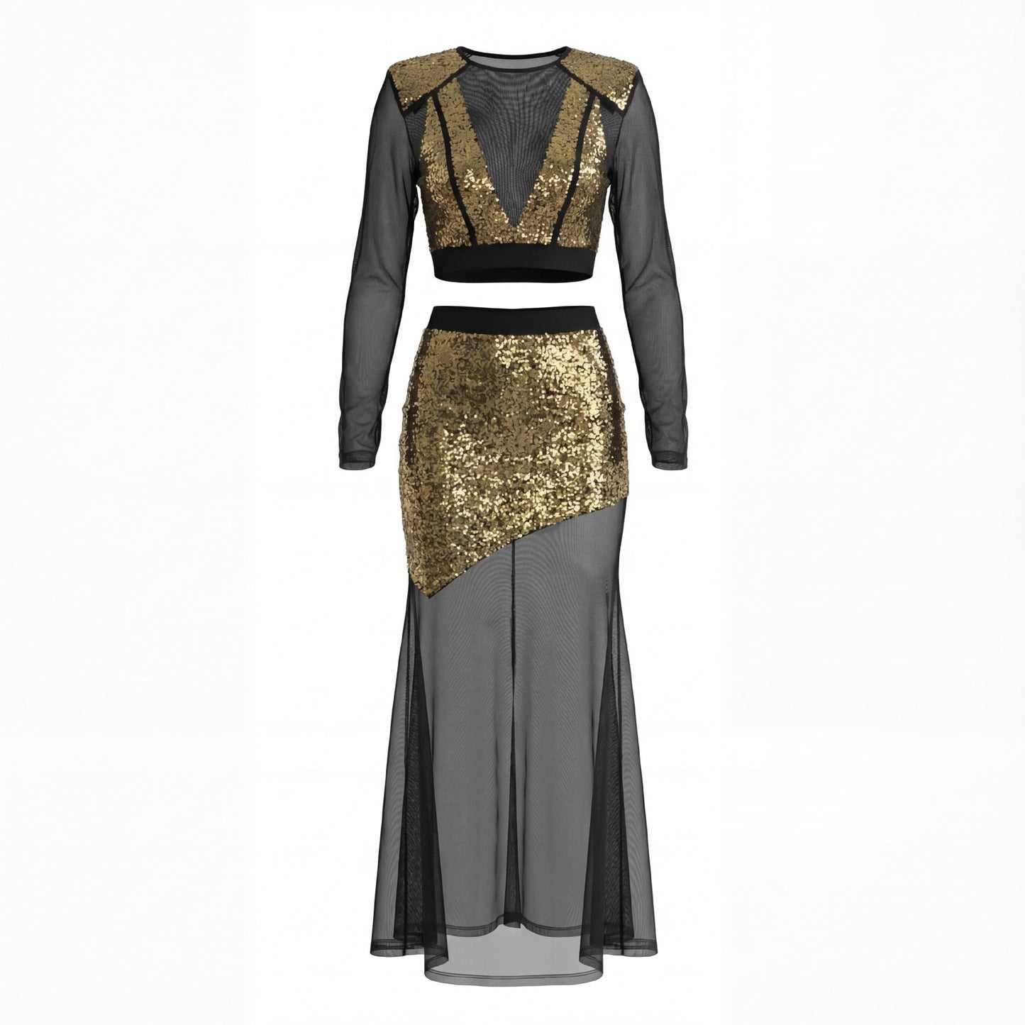 Golden Sequin-embellished Mesh Sheer Two-piece Set Long-sleeve Split Maxi Dress Perfect For Parties And Evening Events