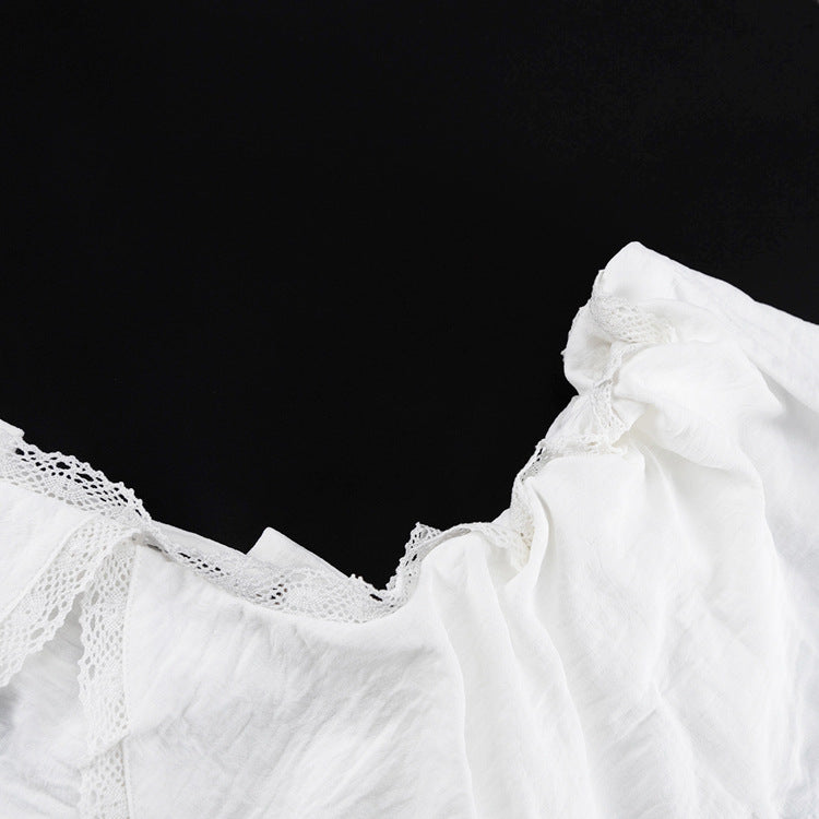 Square Neck Tie-up Lace-trimmed Crop Shirt