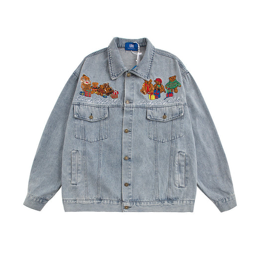 Washed Denim Coat Cartoon Animal Bear Embroidery