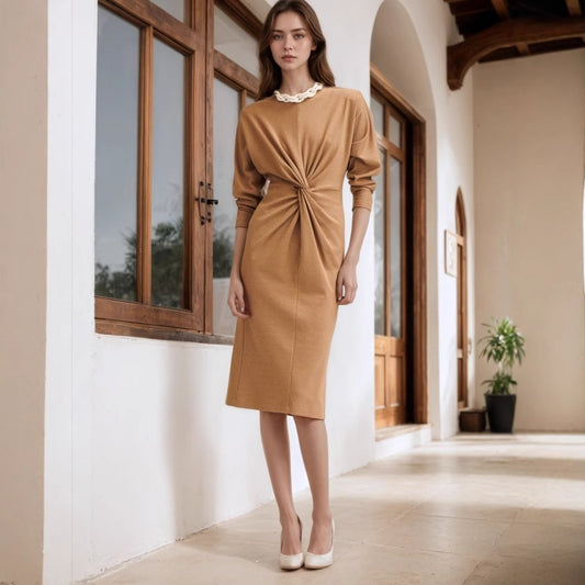 Retro-style Elegant Round-neck Long-sleeve Twist-detail Dress