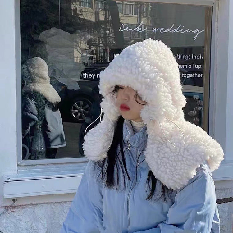 Cute And Sweet Lamb Fur Plush Hooded Shawl