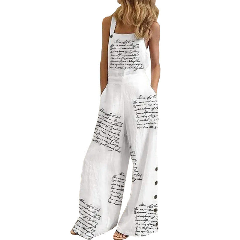 Printed Sleeveless Loose Casual Suspender Jumpsuit Wide Leg Pants Women