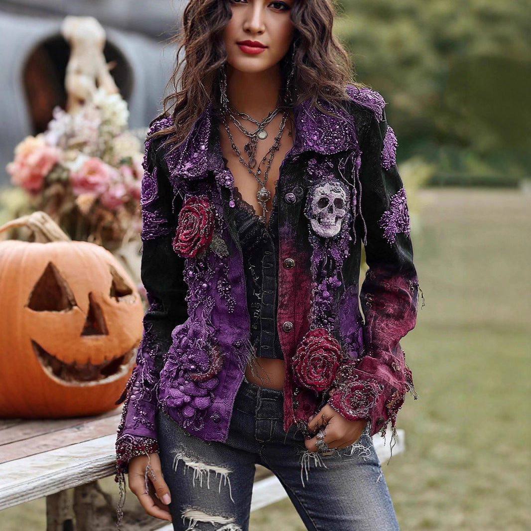 Women's Vintage Patchwork Print Turned Hem Denim Jacket
