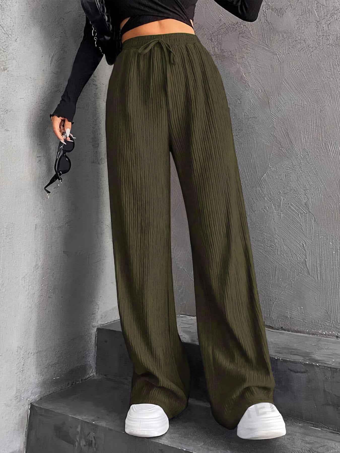 New Women's Elastic Waist Pinstripe Road Straight Wide Leg