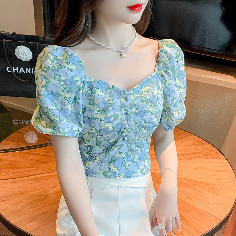 French Floral Short-sleeved Shirt Women's Sweet Puff Sleeves