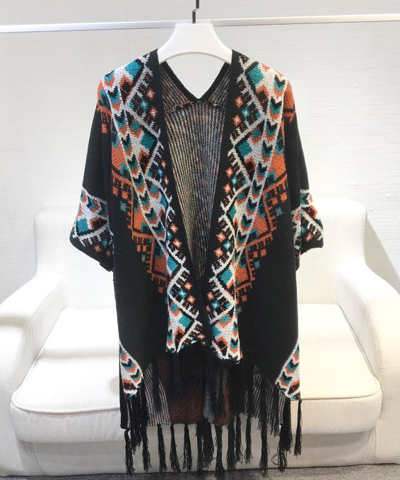 Harajuku style vintage goddess tassel knit long shawl cloak coat