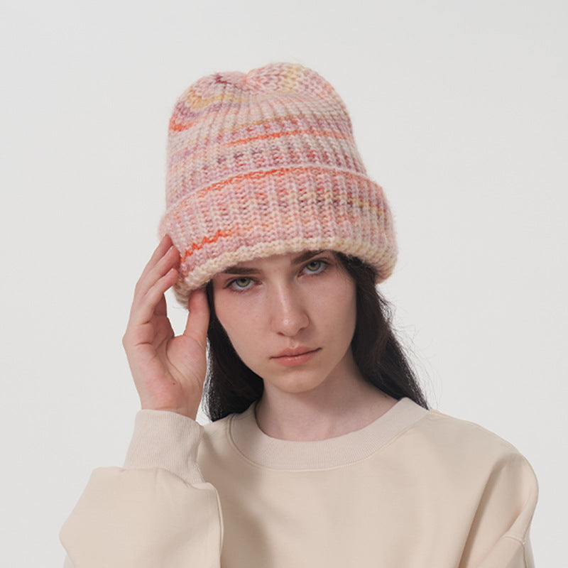 European And American Ins Warm Autumn And Winter Multi-color Niche Gradient Flanging With Wool Knitted Hat Women