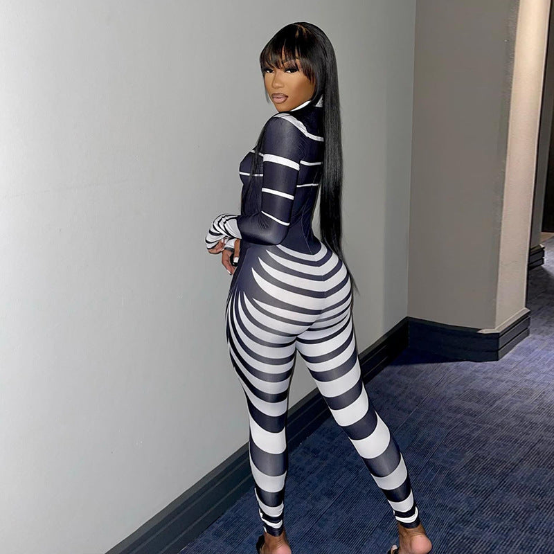 Women's Stand Collar Hollowed Out Print Long Sleeve Hip-lifting Bodysuit
