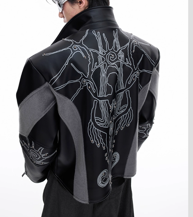 Deconstructing Horse Hair Stitching Jacket Rivet Totem Leather Coat Men