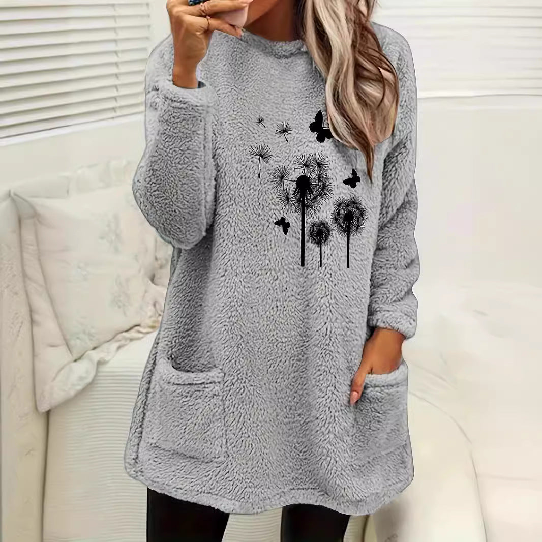 Women's Printed Round Neck Pullover Long Sleeve Pocket Double-sided Velvet Sweatshirt
