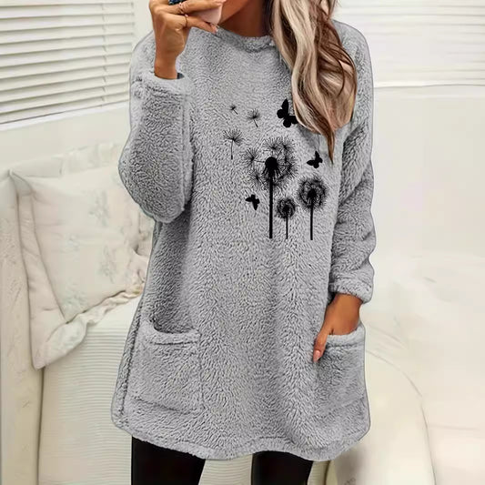 Women's Printed Round Neck Pullover Long Sleeve Pocket Double-sided Velvet Sweatshirt