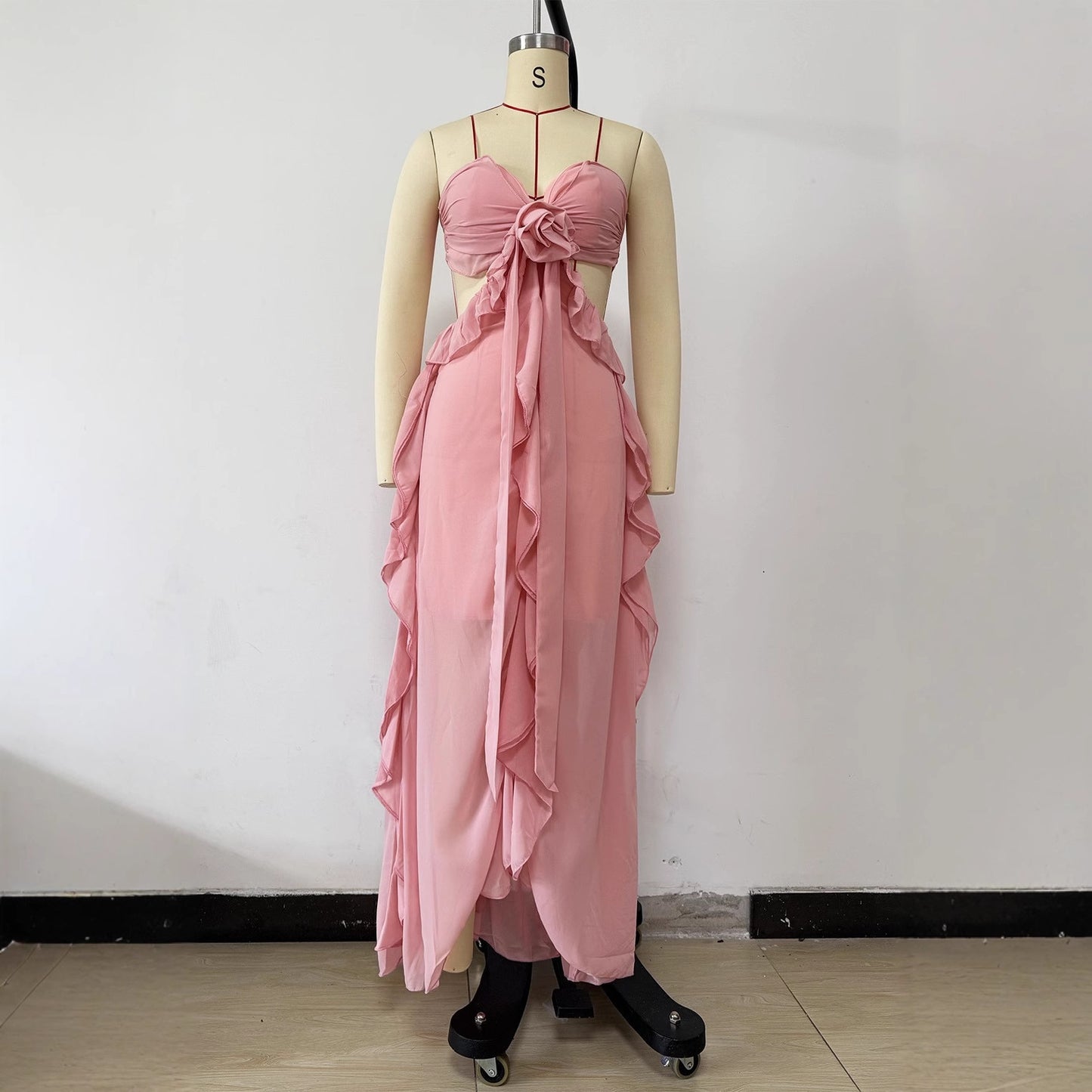 Spliced Ruffle-Trimmed Strapless Resort Long Chiffon Dress