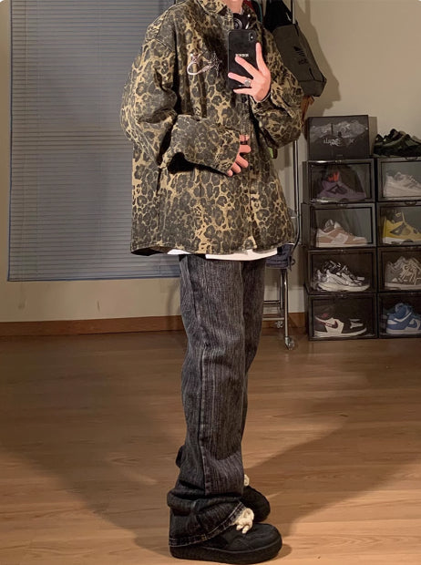 Vintage Leopard Print Water-washing Embroidery Denim Coat