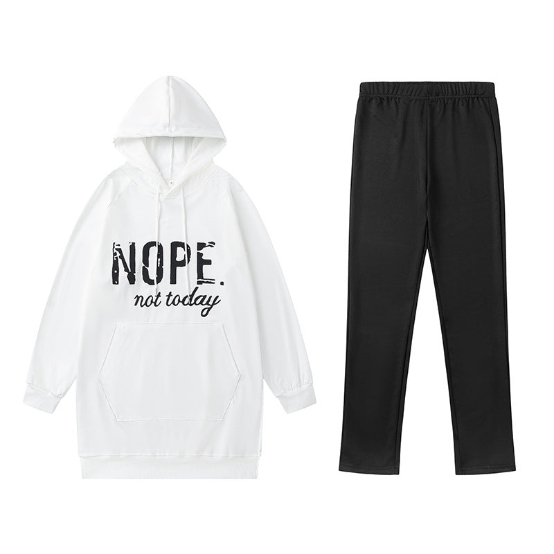 Letter Print Pocket Slit Casual Long Sleeve Hooded Casual Set