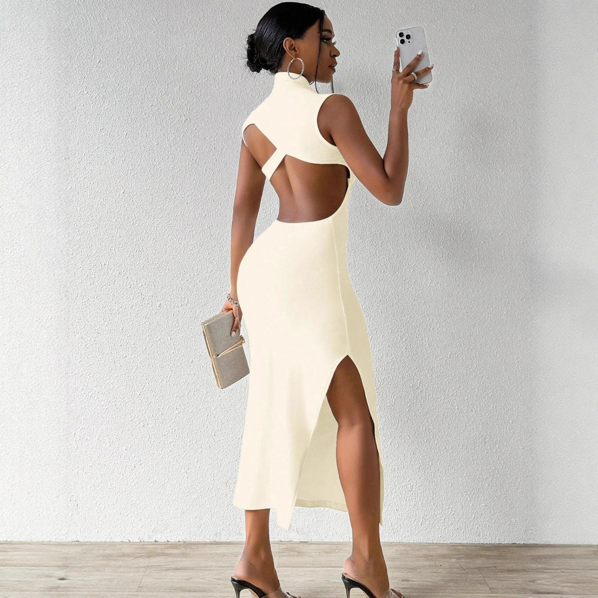Backless Stand-up Collar Side-slit Bodycon Dress