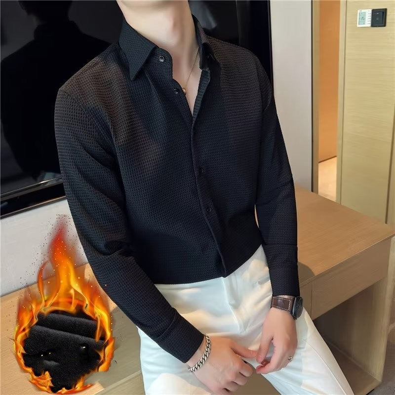 Ruffian Handsome V-neck Shirt Men's Long Sleeved Plush In Autumn And Winter