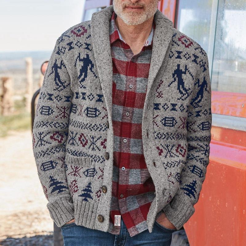Men's Lapel Long Sleeve Jacquard Casual Sweater Coat