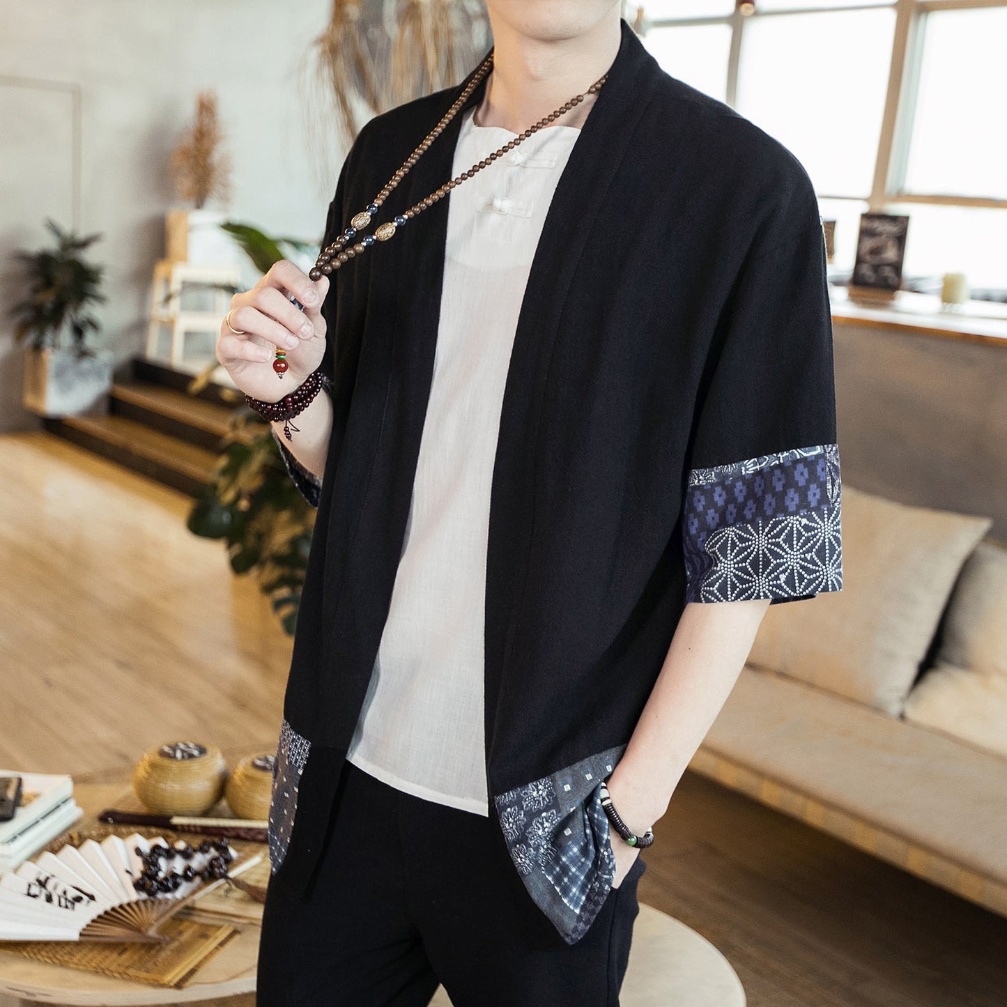 Men's cotton linen cardigan jacket cloak shirt