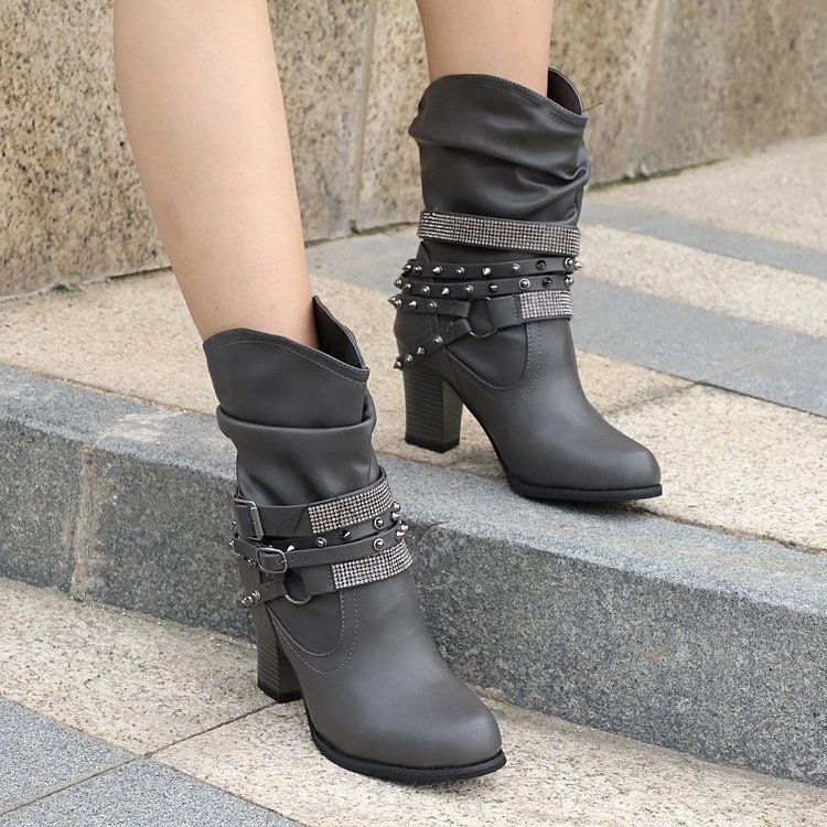 High Heel Thick Heel Belt Buckle Women's Shoes Rivet Water Drill Large Boots