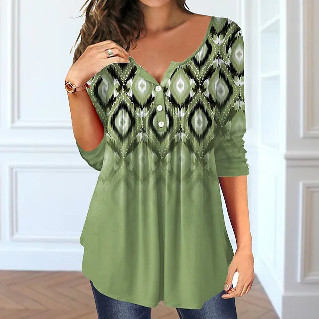 Beauty Summer Loose V-neck Pullover Short Sleeve Button Printed T-shirt