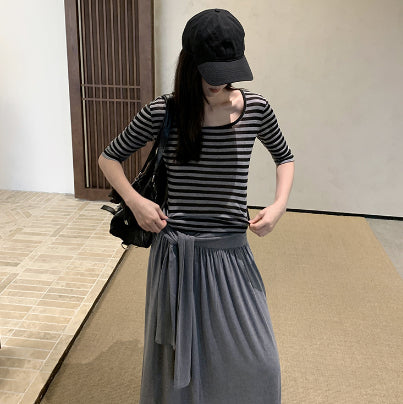 Summer U-neck Striped T-shirt Women's Elastic Mid-sleeve Top