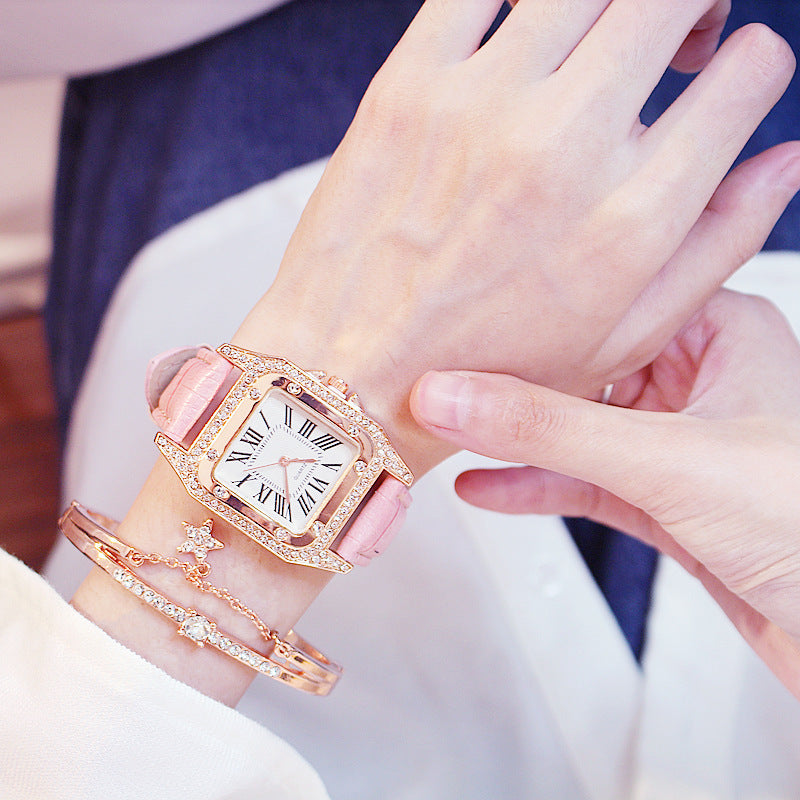 Square Dial Belt Quartz Watch + Star Bracelet
