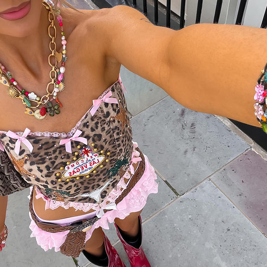 Womens Fresh & Sweet Backless Fitted Tank Top With Bow And Leopard Print