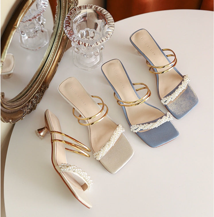 French Satin And Pearl Half Drag Sandals