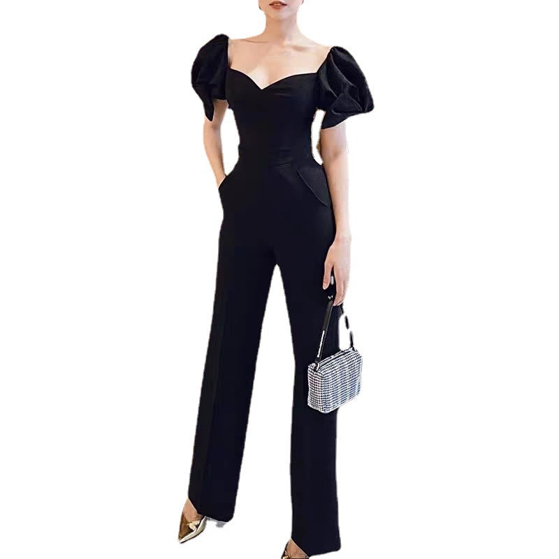 High Waist Slim Black Tube Top Goddess Fan Jumpsuit