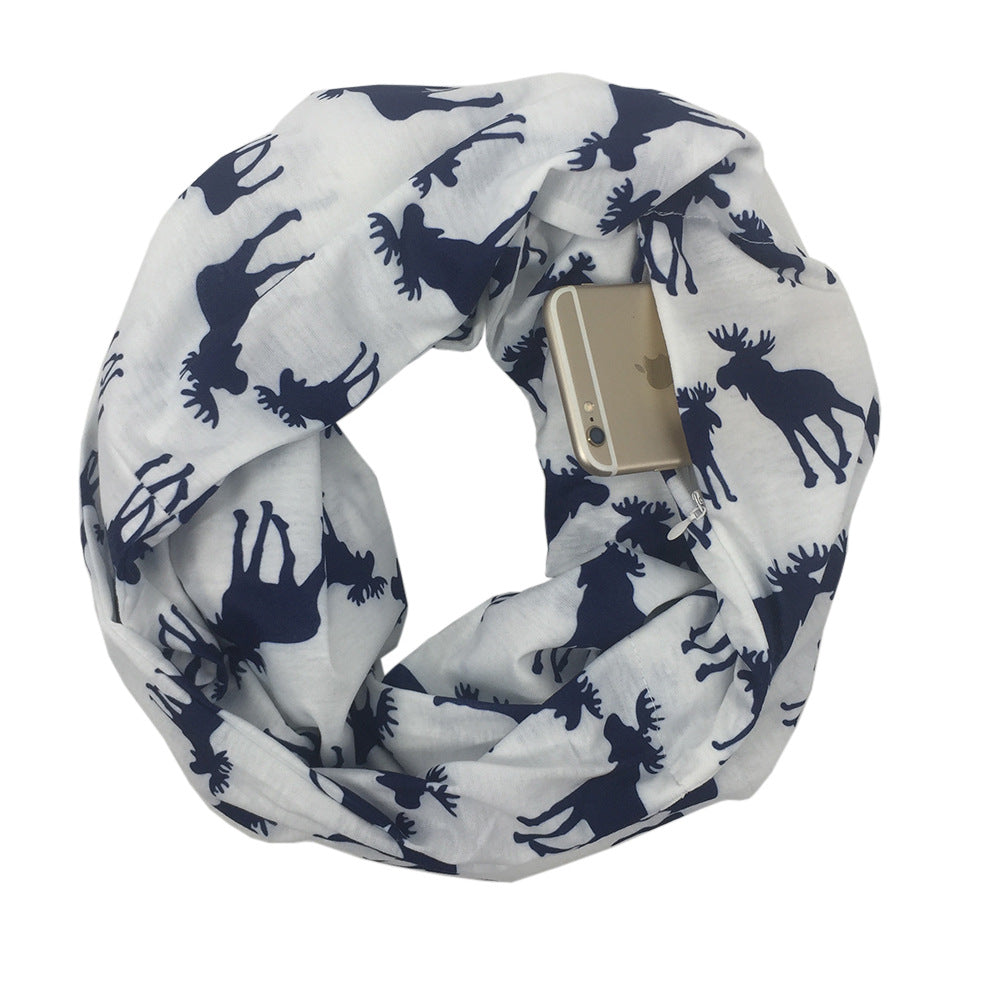 Christmas Themed Elk Print Zipper Pocket Scarf