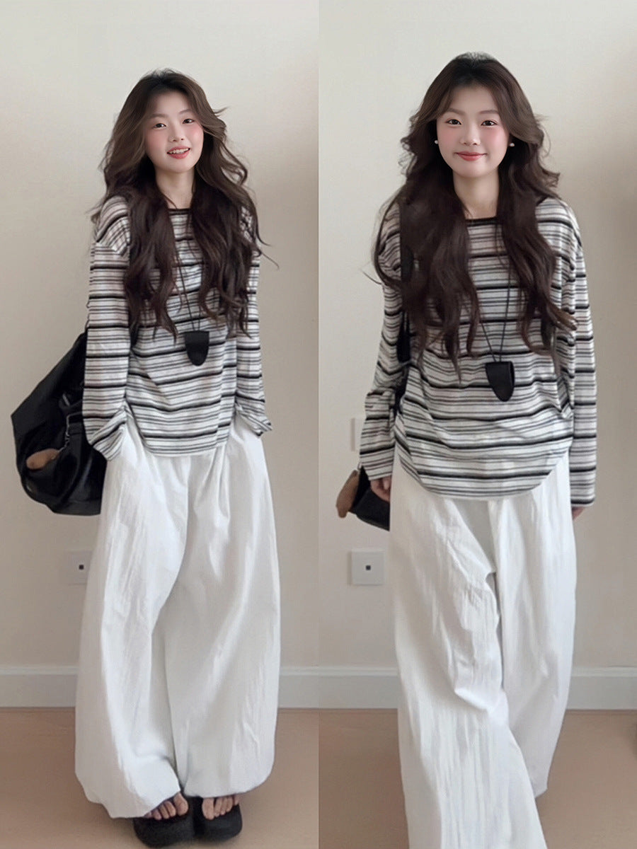 Striped Long Sleeve Relaxed Fit Sun Protection Loose Lazy Thin T-shirt