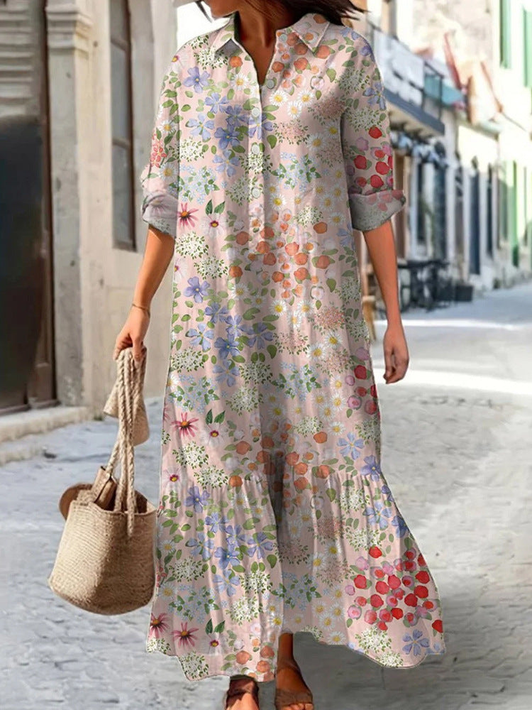 Womens Long-Sleeve Lapel-Neck Digital-Print Dress