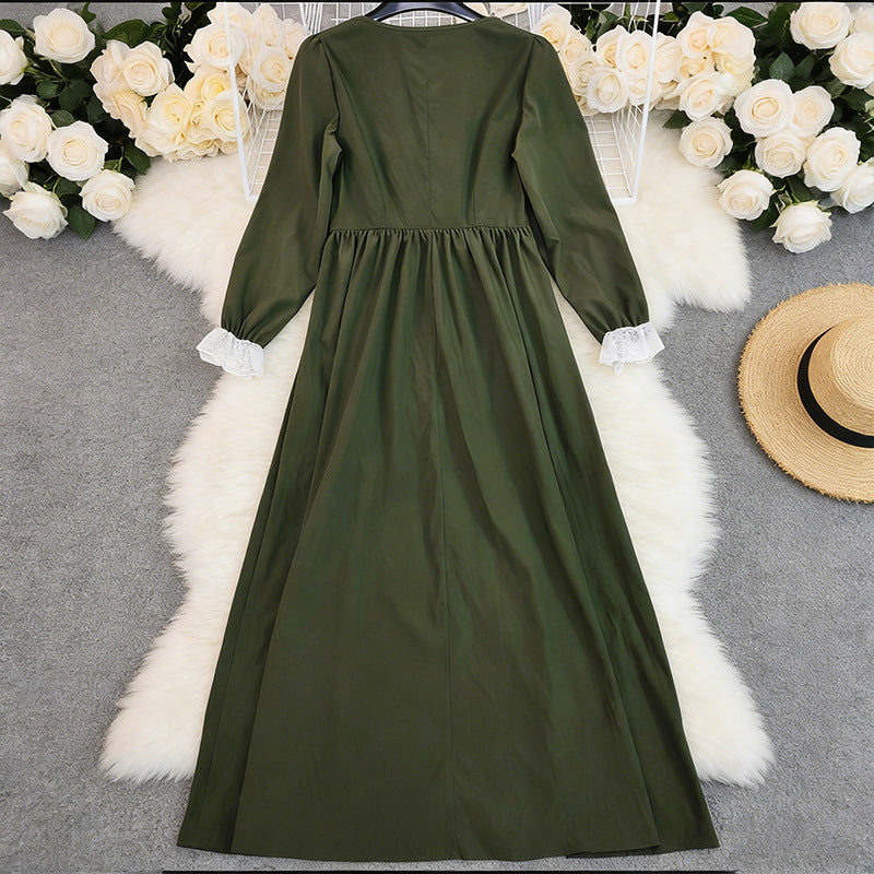 Lace-trimmed Long-sleeve Maxi Dress For Women