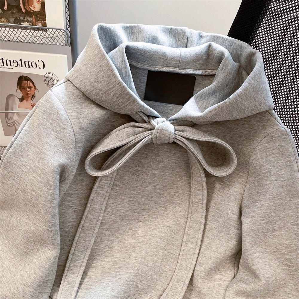 Womens Korean-style Gray Hoodie With Bow-Tie Straps
