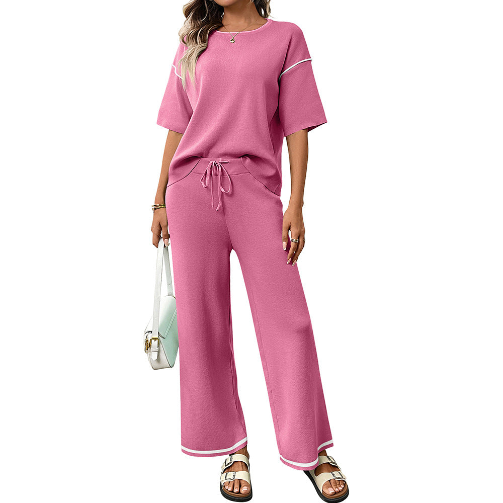 Womens Casual Ice Silk Sweater Short Sleeve Leisure Set