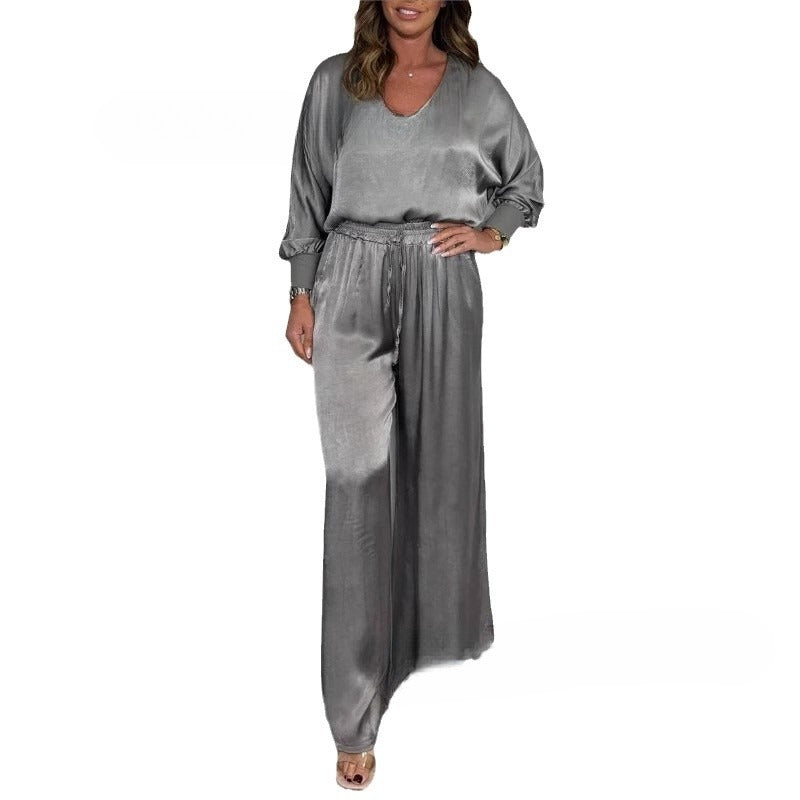 Fashion Women's Wear V-neck Long Sleeve Top Wide Leg Pants Suit