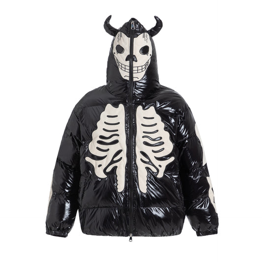 Flocking Embroidery Skeleton Hooded Cotton Coat