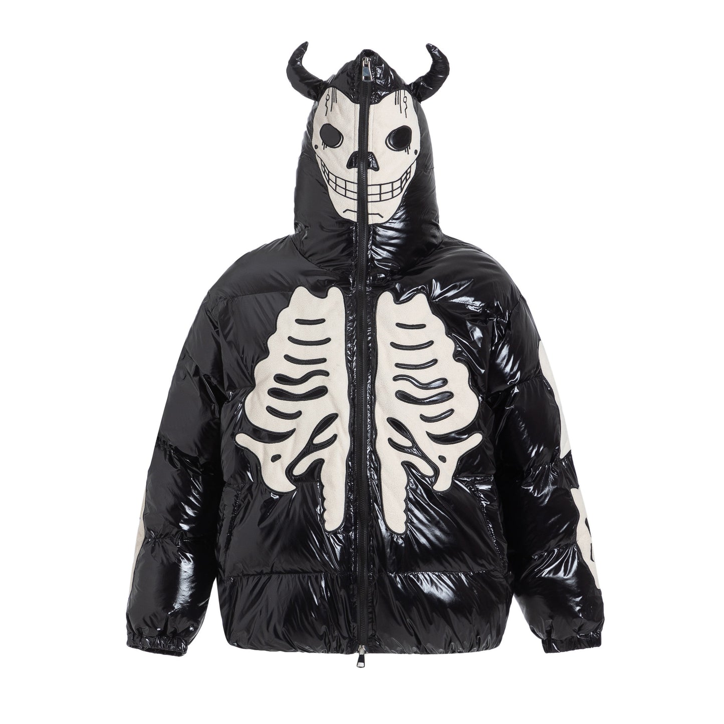 Flocking Embroidery Skeleton Hooded Cotton Coat