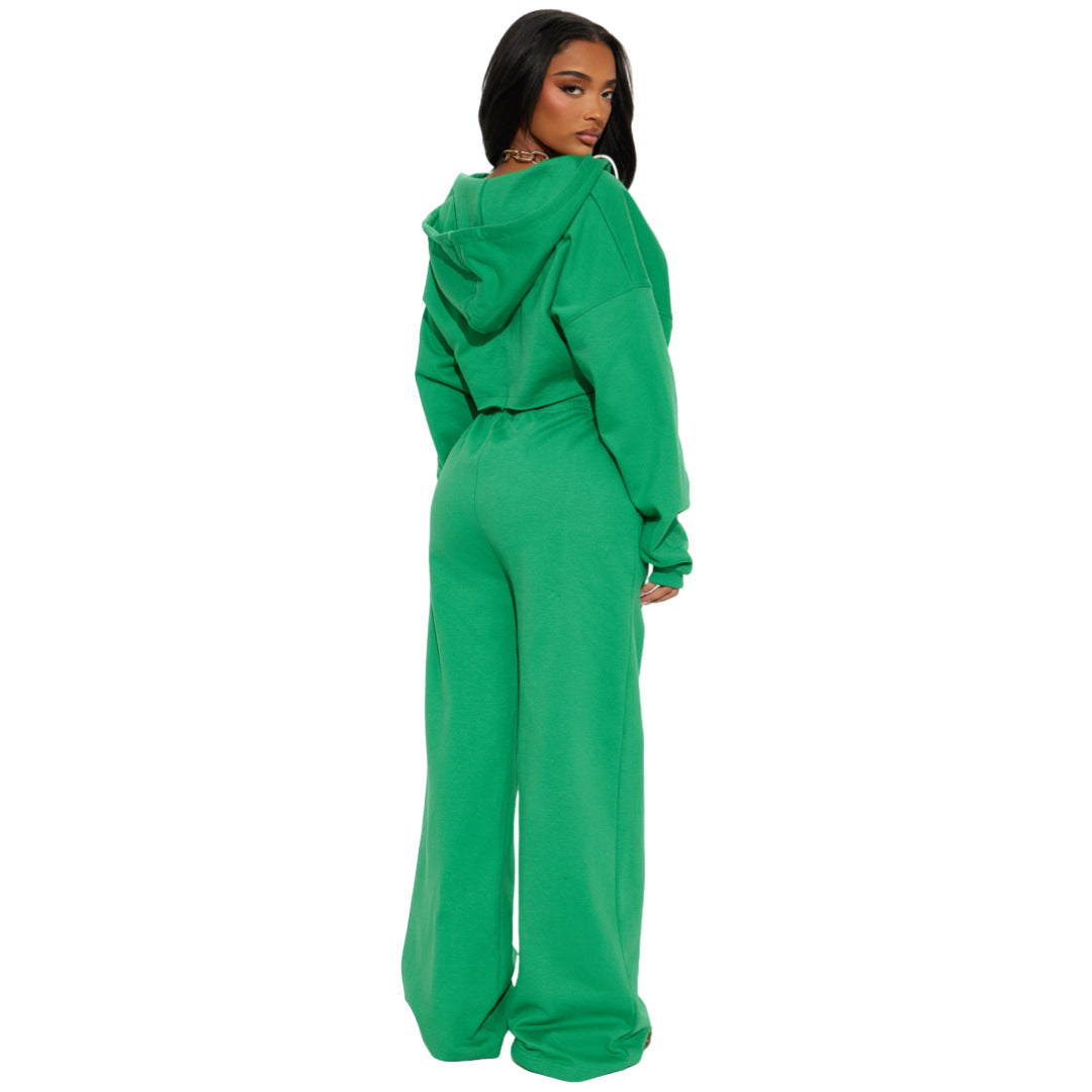 Stylish Casual Two-piece Set Featuring A Hooded Cardigan And Wide-leg Pants