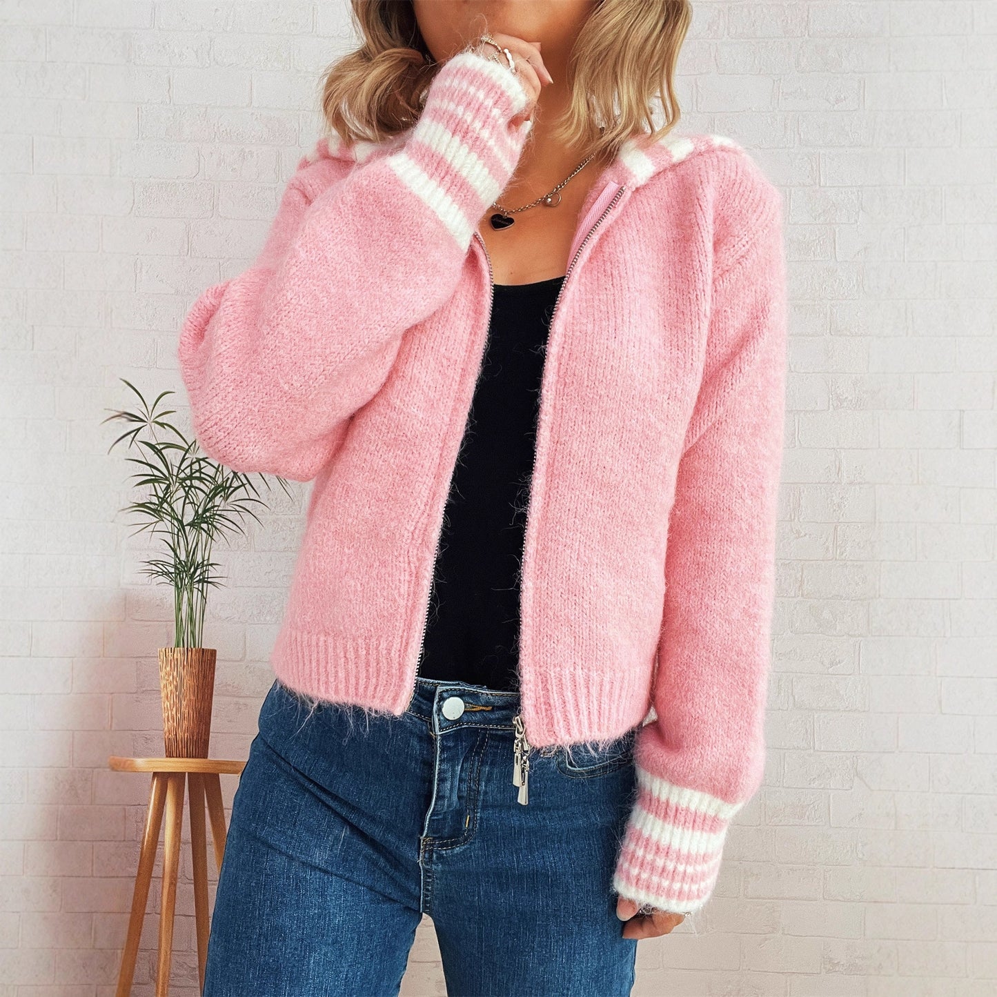 Enkel kontrastfarvet stor revers lynlås strikket cardigan løs afslappet sweater
