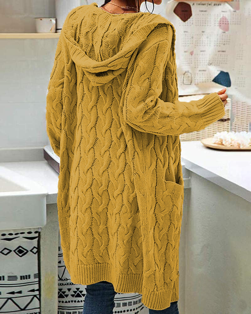 Long Knitted Plus-size Solid-color Sweater With Long Sleeves And Pockets
