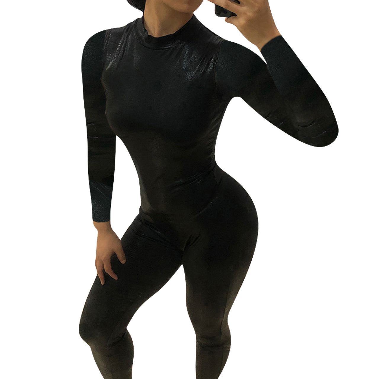 Women's Solid Color Faux Leather Pleated Serpentine Sheath One-piece Trousers