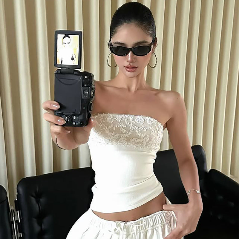 New Spliced Sequin White Sleeveless Tank Top