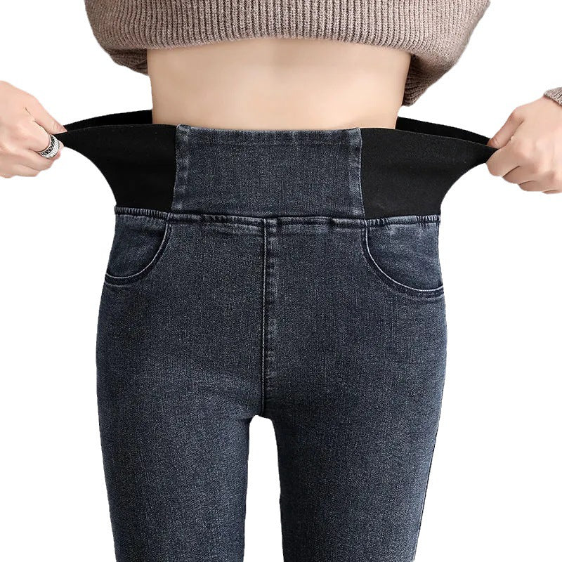 Womens High-waisted Skinny Jeans With A Stretchy Elastic Waist And Cozy Fleece Lining